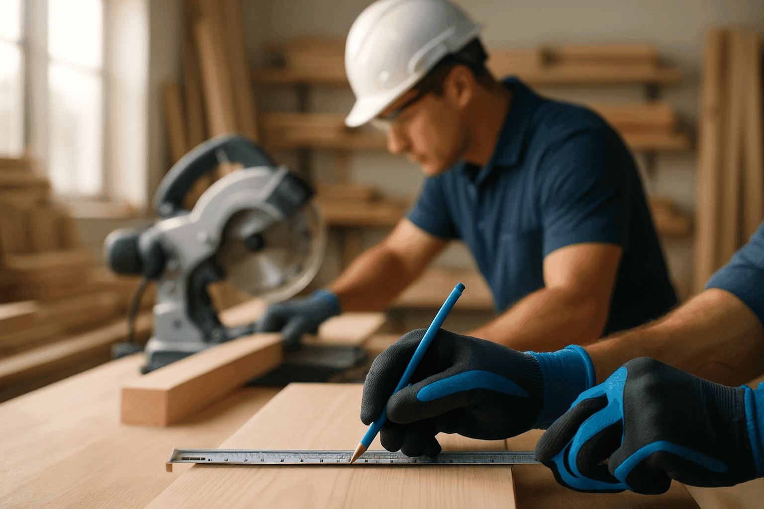 Professional carpenter measuring and marking wood plank in a clean, organized workshop