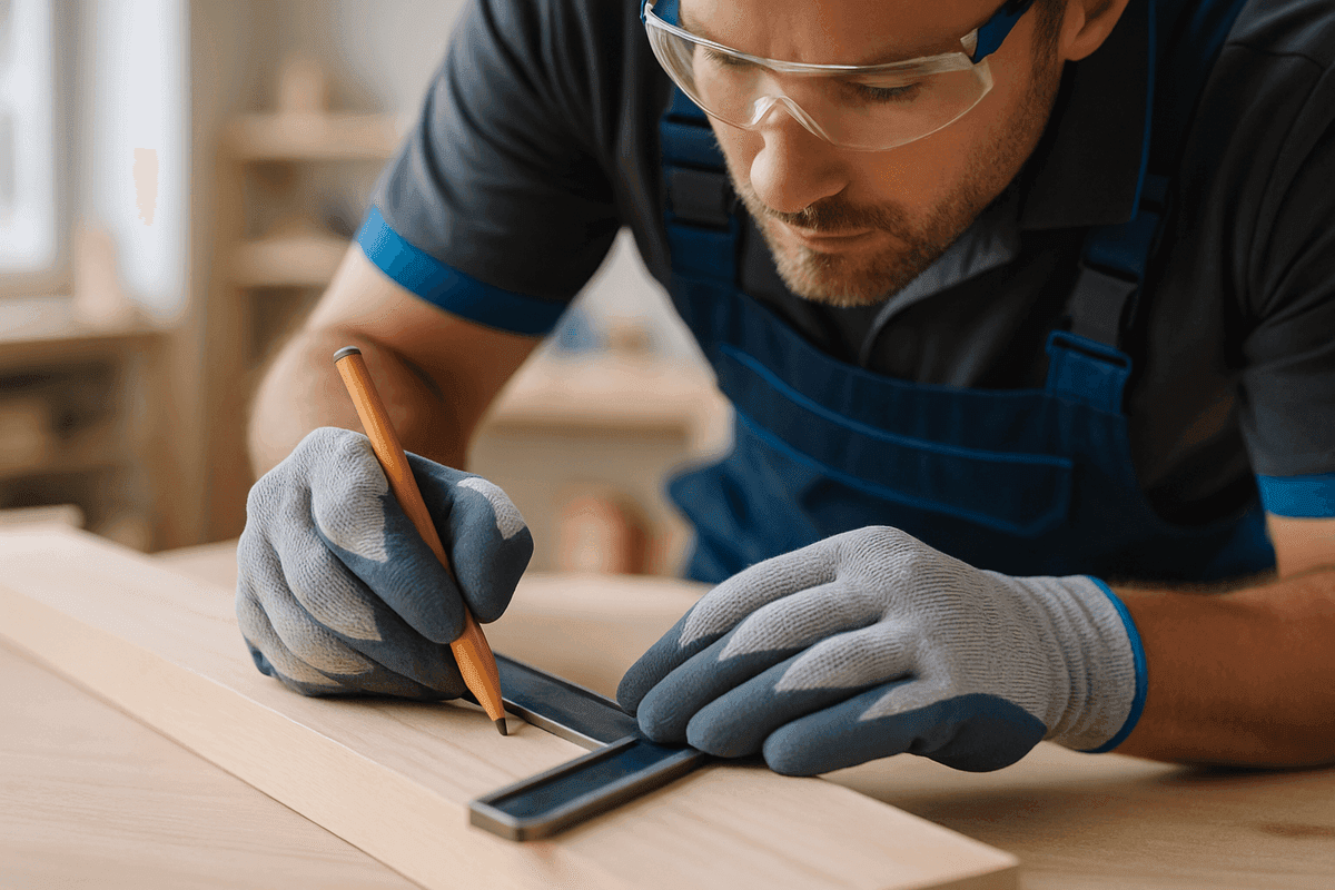 Close-up of carpenter's gloved hands measuring wood plank in well-lit carpentry shop