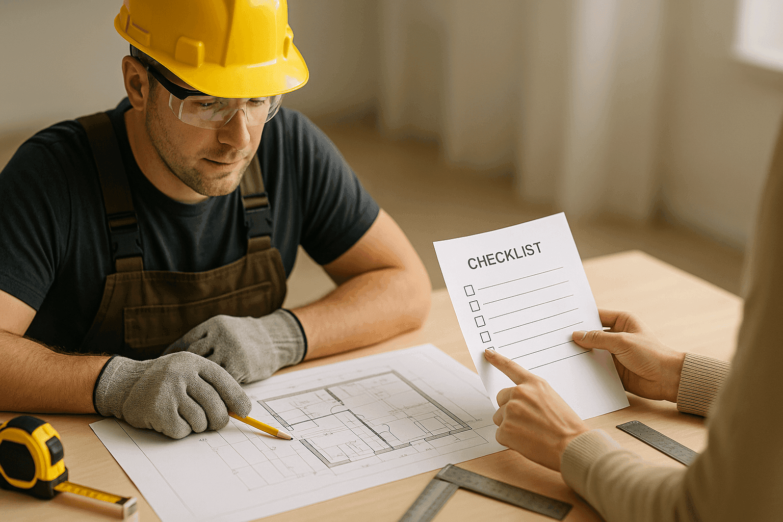 Carpenter and client reviewing project plans at table