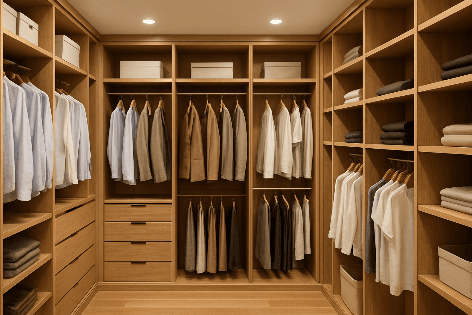 Custom closet with built-in shelves and lighting