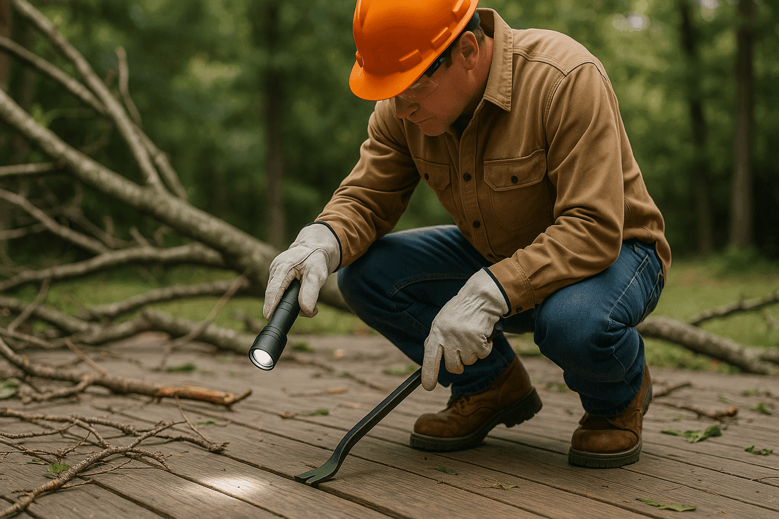 Carpenter inspecting storm-damaged wooden deck