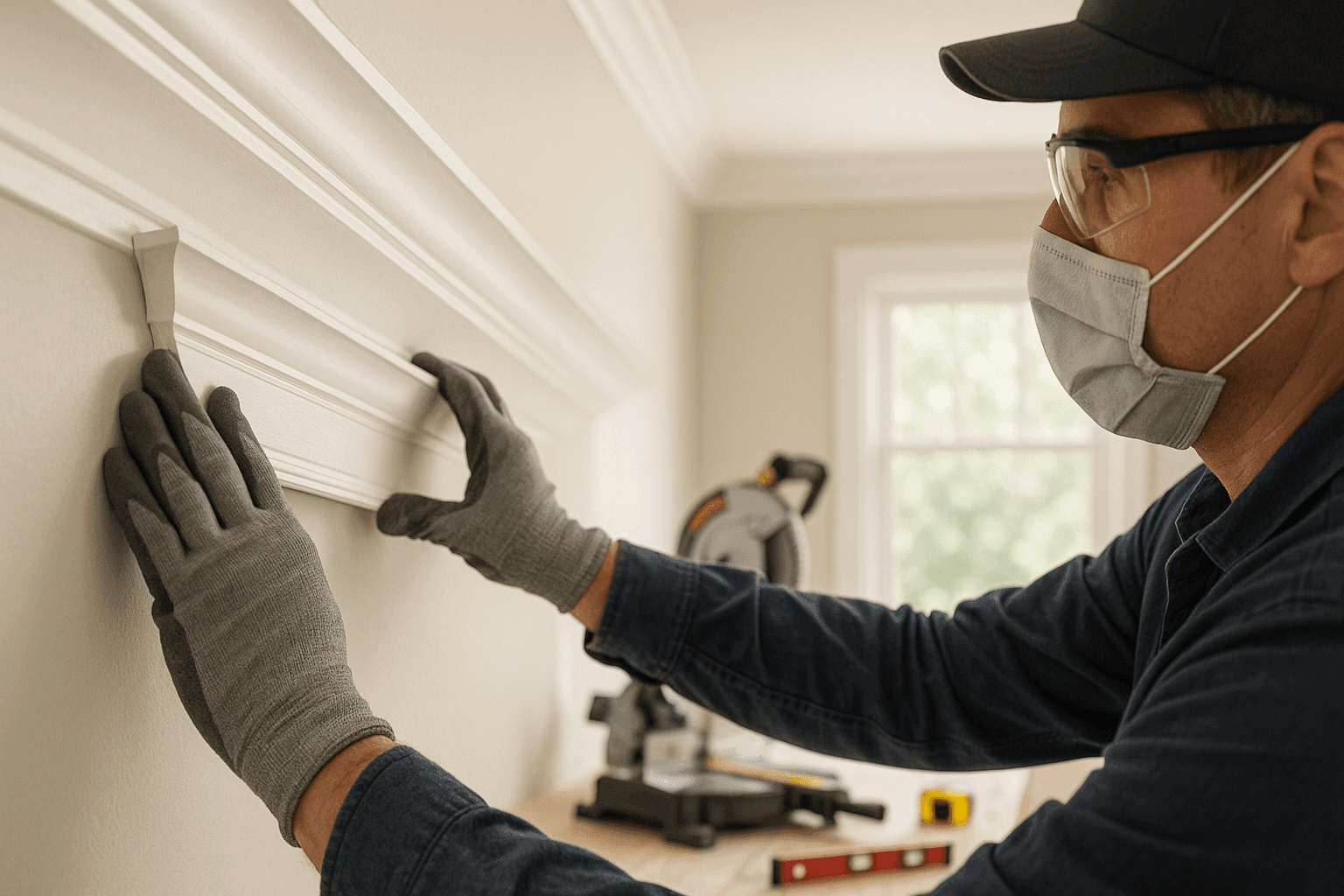 Close-up of carpenter installing crown molding in living room