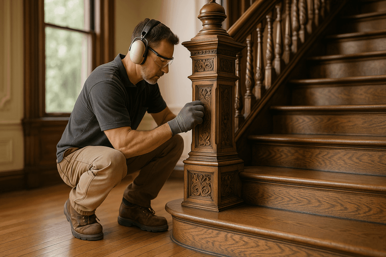 Carpenter restoring ornate woodwork in historic home